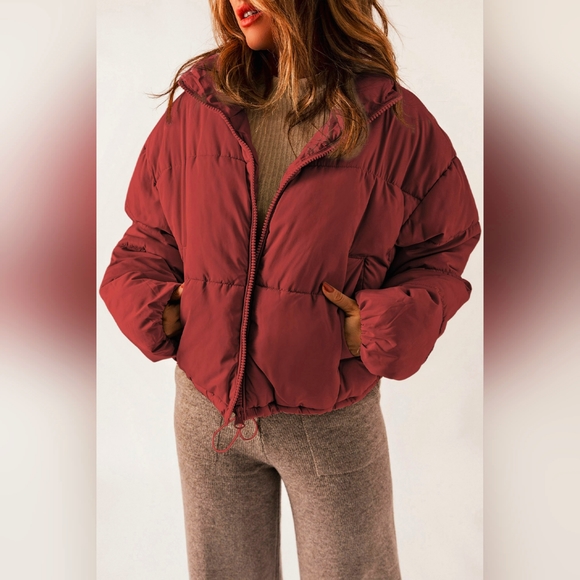 Jackets & Blazers - Women's Zip Up Collared Neck Brick Red Long Sleeve Puffy Winter Coat